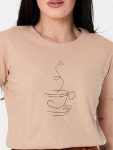 Blusa Feminina Xicara De Cafe Coração 100% Algodão Premium - Bege - Visão 11