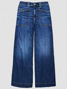 Quần jeans ống rộng cỡ lớn, chất liệu denim, có túi, co giãn vừa phải, thoải mái, cài nút và khóa kéo, phù hợp mặc hàng ngày, phong cách thường ngày mùa xuân. - Xanh đậm - Xem 5