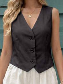 MICHELEE Elegant Women's Vest With V-Neck And Button Closure - Black - View 3