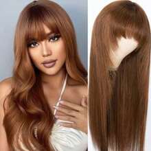 NATAN 巧克力棕色层次直发假发，带刘海，3x1 层次剪裁，无胶蕾丝假发，4# 棕色，180% 密度，适合日常派对 - 棕色 - 查看 4