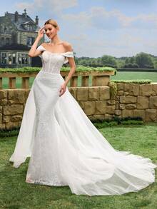 Solid Color Mesh Splice Off-Shoulder Fitted Elegant Luxurious Wedding Dress - White - View 11