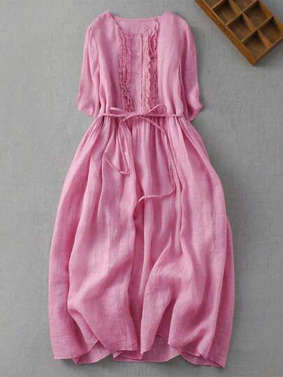 女式复古圆领中长款层叠连衣裙，夏季