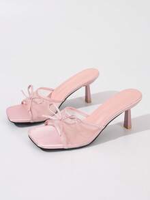 Sandalias de tacón alto con punta cuadrada, malla transpirable y punta abierta para mujer. Sandalias de diapositiva con tacón de aguja y lazo minimalistas y versátiles para el verano - Red simple con cabeza cuadrada de color rosa claro - Ver 12