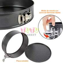 Molde redondo para hornear con tapa de resorte desmontable, bandeja de horno de acero al carbono antiadherente, apilable en múltiples tamaños, grande/mediano/pequeño, adecuado para hornear pasteles de boda y San Valentín, revestimiento de para tarta de queso, pastel de capas - Negro - Ver 3