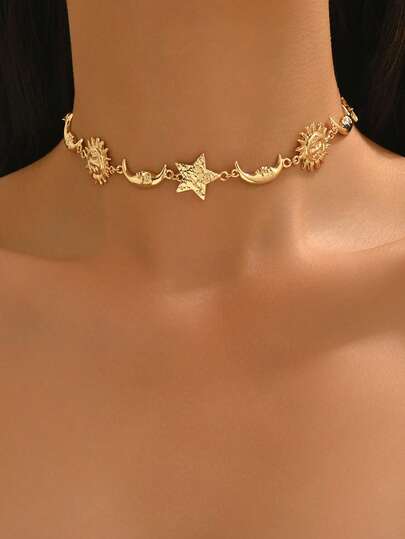 1 st minimalistiskt exklusivt halsband med guldstjärna, måne och sol, vintage handgjort halsband, modernt för kvinnor, lämpligt för vardagsbruk, dejter, Ramadan och olika festivaler/fester