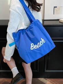 2026新款抽绳包，大容量单肩帆布包，日文字母印花，尼龙材质，手提包，托特包，适合通勤。 - 藍色 - 查看 3