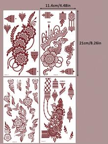 4pcs Full-Hand Floral Henna Tattoo Stickers, Brownish-Red Finger And Toe Tattoo Stickers, Women's Floral Henna Tattoo Stickers, Waterproof Reddish-Brown Body Art Tattoo Stickers, Body Makeup Art Tattoo Stickers, Red Tattoo Stickers Specially For Weddings And Parties. - Red - View 6