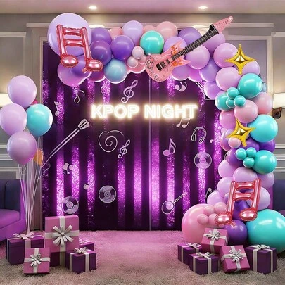 118 piezas Conjunto de arco de globos con tema de música K-Pop, incluye globos rosas, azules, morados claros, morados macarrón, guitarra rosa, globos de foil con estrellas doradas, globos de foil con notas dobles rosas, adecuado para eventos con tema de música K-Pop, fiestas temáticas, bailes de graduación, temas de rock, fiestas de karaoke de hip hop, fiestas de verano, decoraciones de carnaval