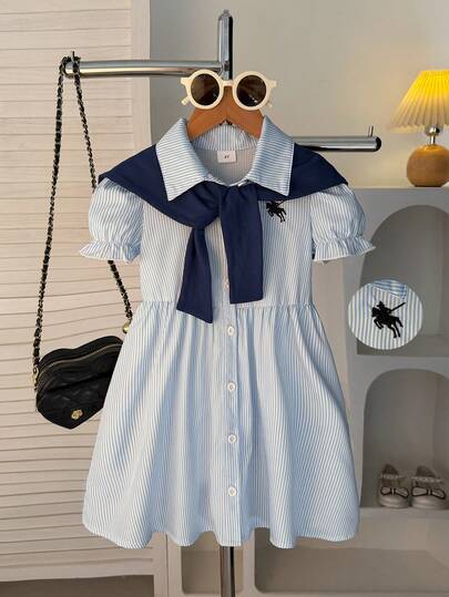 2pcs Girls Summer Sweet Casual School Style Blue & White Striped Print Shirt Dress With Shawl Decor Set, Suitable For Daily, Outdoor, Vacation, Beach, School