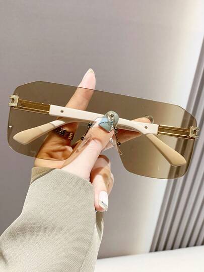 Oversized Shield-Shaped Frameless Fashion Glasses, Unisex Y2K Street Style For Outdoor, Travel, Beach, Casual Wear, Summer