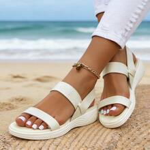 Women's Minimalist Double-Strap Woven Thick-Sole Open-Toe Sandals, Casual Commuting Summer Wear, Milky White PU Leather Flat Sandals - White - View 3
