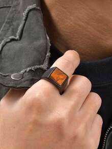 1件男士简约天然虎眼石黑色雕刻几何戒指首饰 - 黑色 - 查看 3