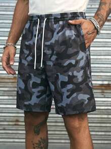 男士休闲树形抽绳腰带口袋夏季短裤，迷彩男士短裤，酷炫时尚，适合日常穿着、外出、与朋友聚会、上学、参加派对，也可作为送给丈夫或男友的礼物。 - 黑色 - 查看 1
