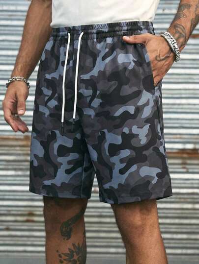 男士夏季黑色迷彩印花弹力腰短裤，男士休闲短裤，运动短裤，功能性短裤，男士短裤，男装，男士短裤，健身短裤，运动短裤，宽松运动短裤，跑步短裤，送给丈夫和男友的礼物