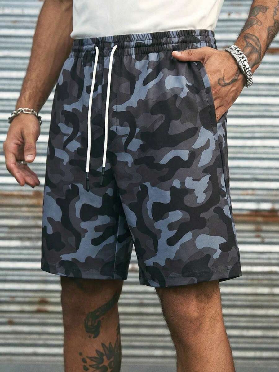 男士休闲树形抽绳腰带口袋夏季短裤，迷彩男士短裤，酷炫时尚，适合日常穿着、外出、与朋友聚会、上学、参加派对，也可作为送给丈夫或男友的礼物。 - 黑色 - 查看 1