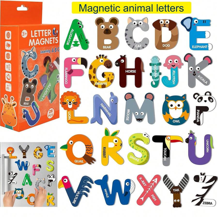 26 liter magnetycznych, odpowiednie dla dzieci w wieku 3+ lat, magnetyczne naklejki z alfabetem, zabawka z tablicą do rysowania, zabawka do nauki ortografii dla przedszkolaków, duże i małe litery alfabetu na lodówkę