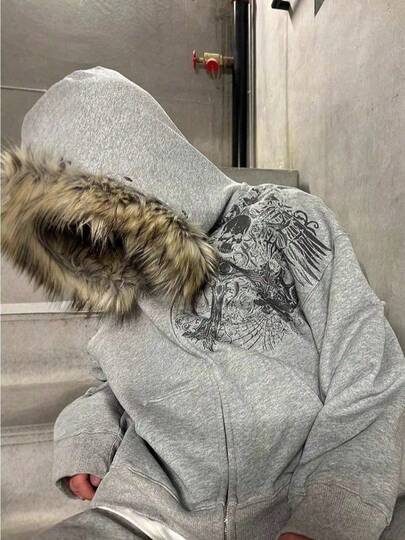 Men's Y2K Retro High Street Sweater Puffy Hood Print Unisex Streetwear Fashion Essential