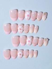 24pcs Short Oval 3D Gel Nail Stickers, Create Pearl Flower Nail Art, French Acrylic Press-On Nails, Short Size Perfectly Fit False Nails Set, Includes: 1pc Jelly Gel And 1pc Nail File, Easy To Wear, French Nail Stickers Suitable For Women And Girls For Daily, Party And Other Occasions - 彩色 - 查看 4