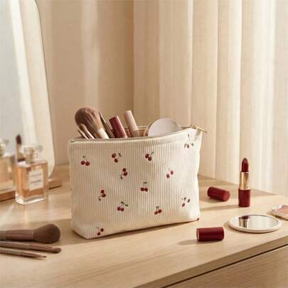 Super Affordable Storage Bag,Women's Makeup Bag - Corduroy Makeup Bag, Exquisite Women's Handbag, Wallet, Cosmetic Organizer, Girl's Makeup Bag (Cherry Blossom Pattern), Suitable For Girls, Travel, School, Portable Organizer, Makes A Great Back-To-School Gift.