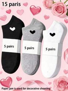 3/6/9/10/15/20 双装女士黑色、白色、灰色短袜，休闲百搭男女通用爱心图案乐福鞋袜，春夏款 - 彩色 - 查看 12