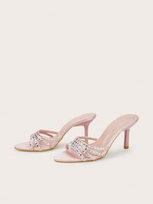 Rhinestone Embellished Peep Toe Stiletto High Heel Sandals, Sexy, Faux Silk, Suitable For Western Wedding, Party, Banquet, Pink - Pink - View 3