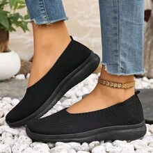 Women's Casual Sneakers, Flat Slip-On Mesh Breathable Fashion Versatile Solid Color Round Toe Loafers - Black - View 4