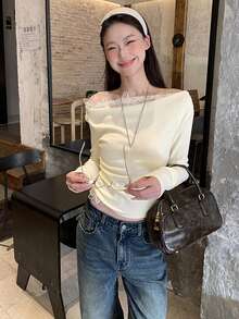 Lace Trim Fitted Long Sleeve T-Shirt For Women, Sexy Slim Fit Shoulder Cutout Top, Autumn/Winter - Apricot - View 6