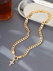 Nooxian 1pc Fashionable Exaggerated Gold Thick Flat Chain Necklace With Cross Cubic Zirconia Pendant For Women - Yellow Gold - View 3