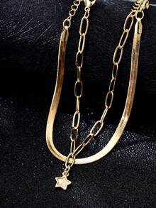2pcs Men's Fashion Bracelet Set, Blade Chain & Paper Clip Chain With Pentagram Pendant Bracelet, Suitable For Daily Outfit Accessories - Yellow Gold - View 4