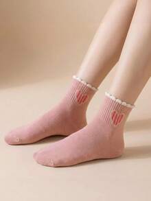 5 Pairs Women's Cute Frill Trim Heart Pattern Casual Versatile Mid-Calf Socks - Multicolor - View 3