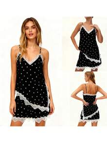 Women Summer Outfit Dot Print Lace Trim Spaghetti Strap Asymmetrical Tops And Shorts 2 Piece Casual Set - màu đen - Xem 4