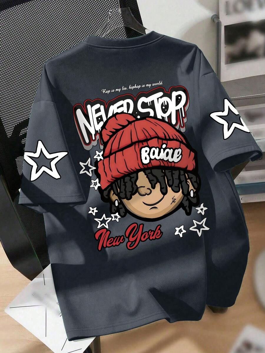 T-shirt à col rond imprimé dessin animé pour adolescents, haut doux et confortable, à la mode et décontracté. - Gris foncé - Voir 1