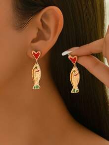 1 Pair Red Enamel Heart & Fish Shaped Pendant Earrings, Elegant Jewelry For Women, Suitable For Daily Wear, Beach Vacation, Gifts, Parties - Yellow Gold - View 2
