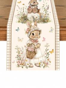 1 件装春季复活节兔子桌旗，咖啡兔子和花卉图案桌布，季节性春季厨房餐桌装饰，节日派对户外装饰，家居复活节快乐装饰，农舍风格礼物，尺寸 13x70 英寸 - 彩色 - 查看 3