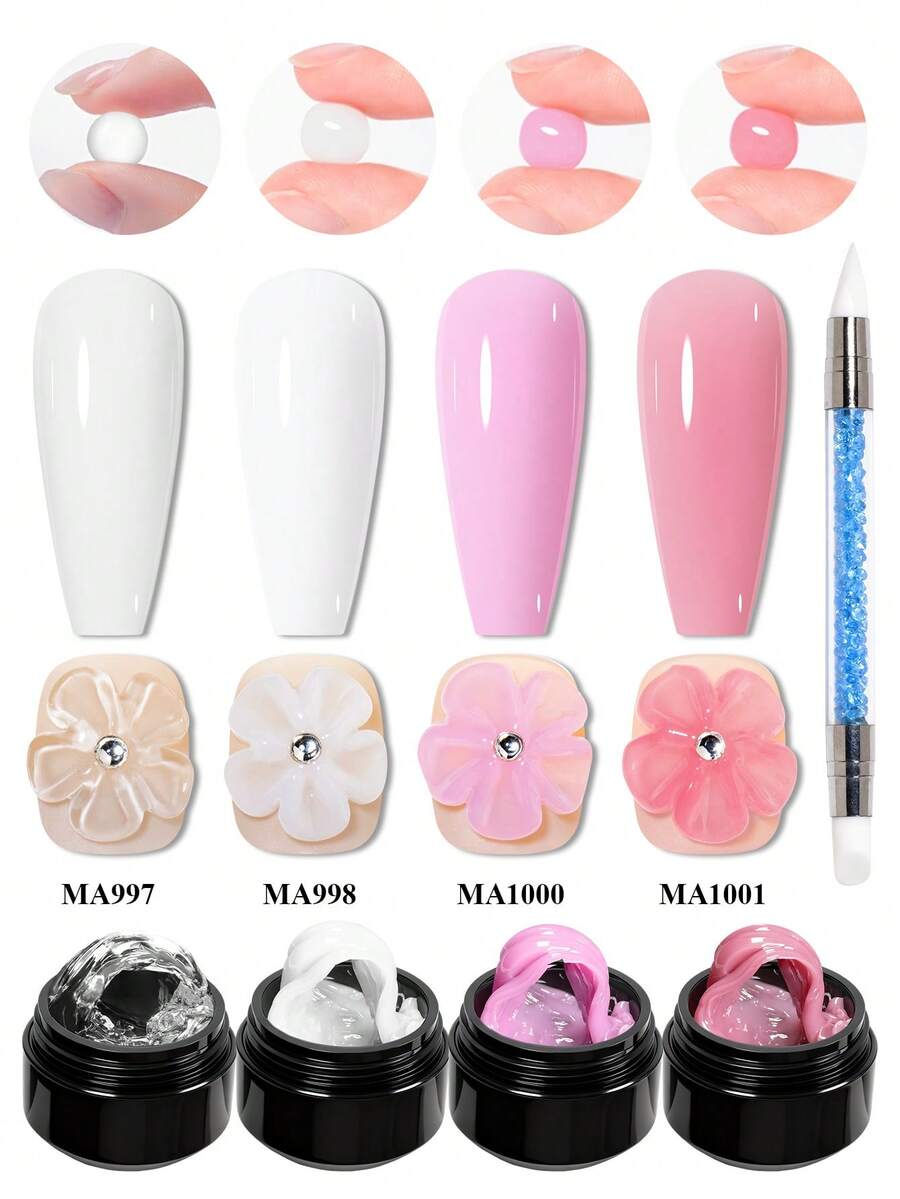 MEET ACROSS 4pcs/Set 15ml Clear White Seamless Hand Extension Gel Nail Polish Set, With Flower Mold And Carving Brush, Suitable For 3D Sculpting/Carving/Engraving, Solid Milky White Jelly Hard Gel For Fake Nail Flower Carving Nail Art, Acrylic Gel Paint, Rhinestone Glue, Home And Professional Nail Salon Use - 彩色 - 查看 1