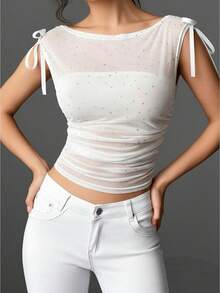 Women's Summer Solid Color Mesh Tank Tops Sleeveless Round Neck Rhinestone Crop Tops With Tube Tops For Parties - White - View 1