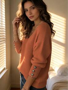 Women's Ribbed V-Neck Button Cuff Oversized Top - Multi-Color Casual Outdoor Blouse RibbedVNeckBlouse CasualOutdoorTop - 紅色(升級款) - 查看 2