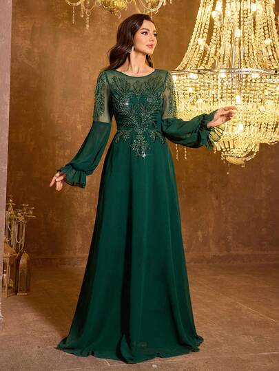  SUPGIR Women's Round Neck Lantern Sleeve Luxurious Beaded Sequined Chiffon Ball Gown