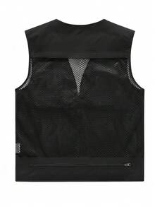 男士多口袋可拆卸后背背心，V领摄影钓鱼夹克外套，团队工作服，四季皆宜 - 黑色 - 查看 4