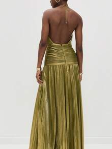 2026 Valentine's Day Dinner Dress - Women's Metallic Pleated Backless Sleeveless Tie Neck Split Gown - 橄欖綠 - 查看 1