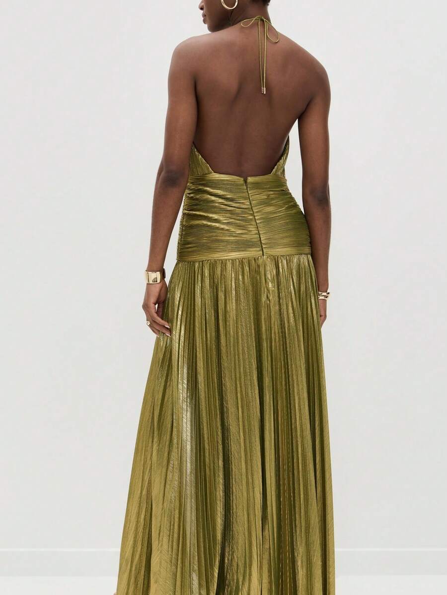 2026 Valentine's Day Dinner Dress - Women's Metallic Pleated Backless Sleeveless Tie Neck Split Gown - 橄欖綠 - 查看 1