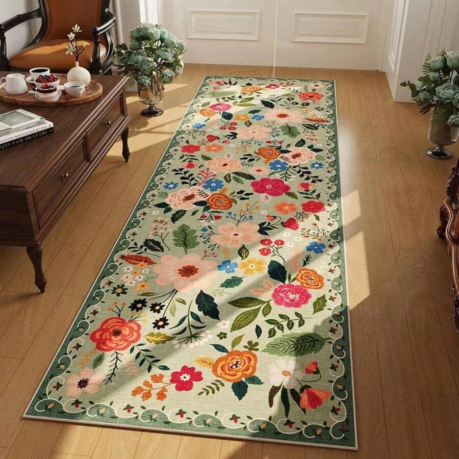 1pc Mint Green Floral Long Runner Rug, American Country Style Corridor Hallway Carpet, Mint Green Base With Vibrant Roses, Peonies And Other Floral, Complemented By Green Leaves And Blue-Yellow Tiny Flowers, Creating A Farmhouse Countryside Ambiance, Suitable For Hallway, Living Room Entryway, Available In Multiple Sizes, Runner Rug, Carpet, Long Runner Bathroom Decor - Multicolor - View 1