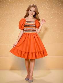 Young Girls' Bohemian Style Puff Sleeve Patchwork Dress - Orange - View 3