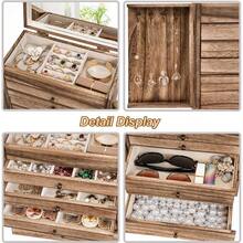 Wooden Jewelry Box For Women 6-Tier Large Jewelry Organizer Boxes With Mirror Rustic Solid Wood Jewlery Storage Display For Rings Earrings Necklaces Bracelets Watches Carbonized Black - 碳化棕色 - 查看 5