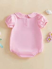 Newborn Baby Girl Summer Clothes Doll Collar Short Sleeve Romper Basic Plain Smocked Bodysuit Shirts 0-18M - Hồng - Xem 2