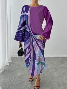 1件女款長袖花卉印花拼接色長洋裝，寬鬆優雅休閒度假禮服，假日派對正式洋裝，適合秋季 - 紫色 - 查看 3