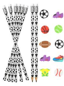 12/24件套足球主题派对礼品，趣味足球造型铅笔和橡皮套装，适用于足球主题派对、奖励、生日派对、办公用品、派对礼品袋填充物 - 彩色 - 查看 1