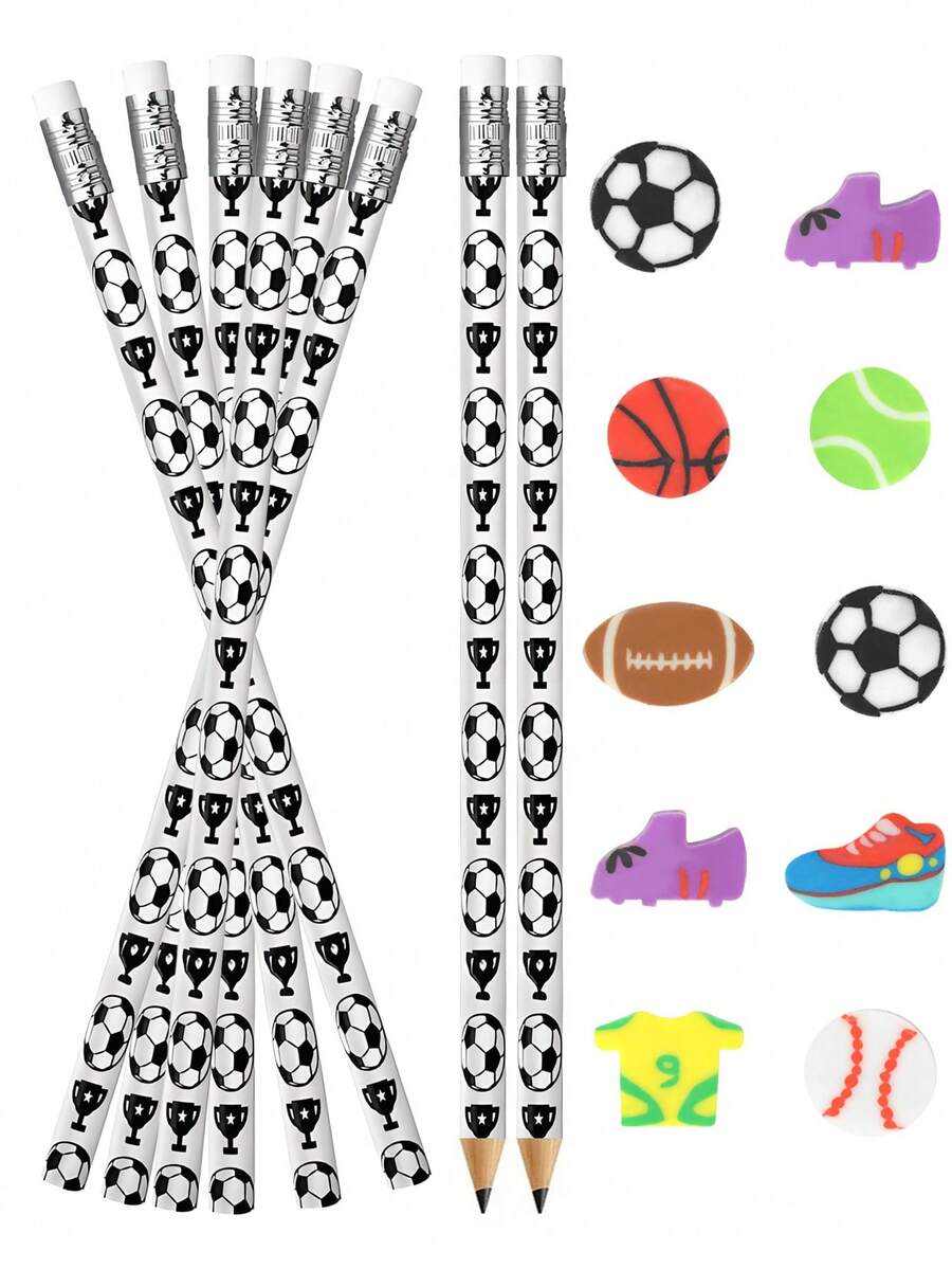 12/24件套足球主题派对礼品，趣味足球造型铅笔和橡皮套装，适用于足球主题派对、奖励、生日派对、办公用品、派对礼品袋填充物 - 彩色 - 查看 1