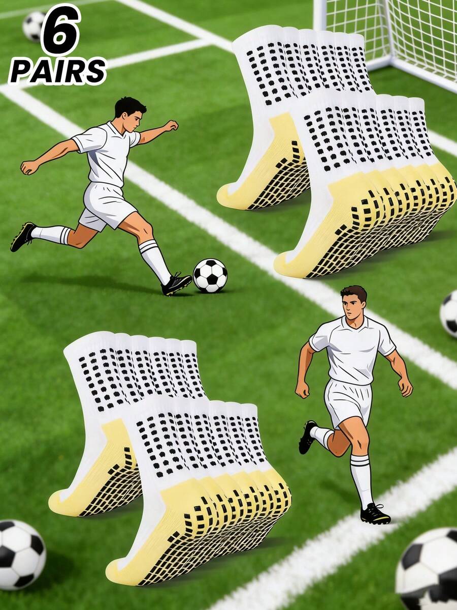 6 双男士足球袜，加厚毛巾布防滑鞋底，中筒及踝袜，白色，防滑袜，健身袜，秋季 - 白色 - 查看 1