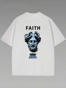Vintage Casual T-Shirt With Greek Statue Head And Snake Print, 1 Piece, 220g Heavy Cotton - 白色 - 查看 1